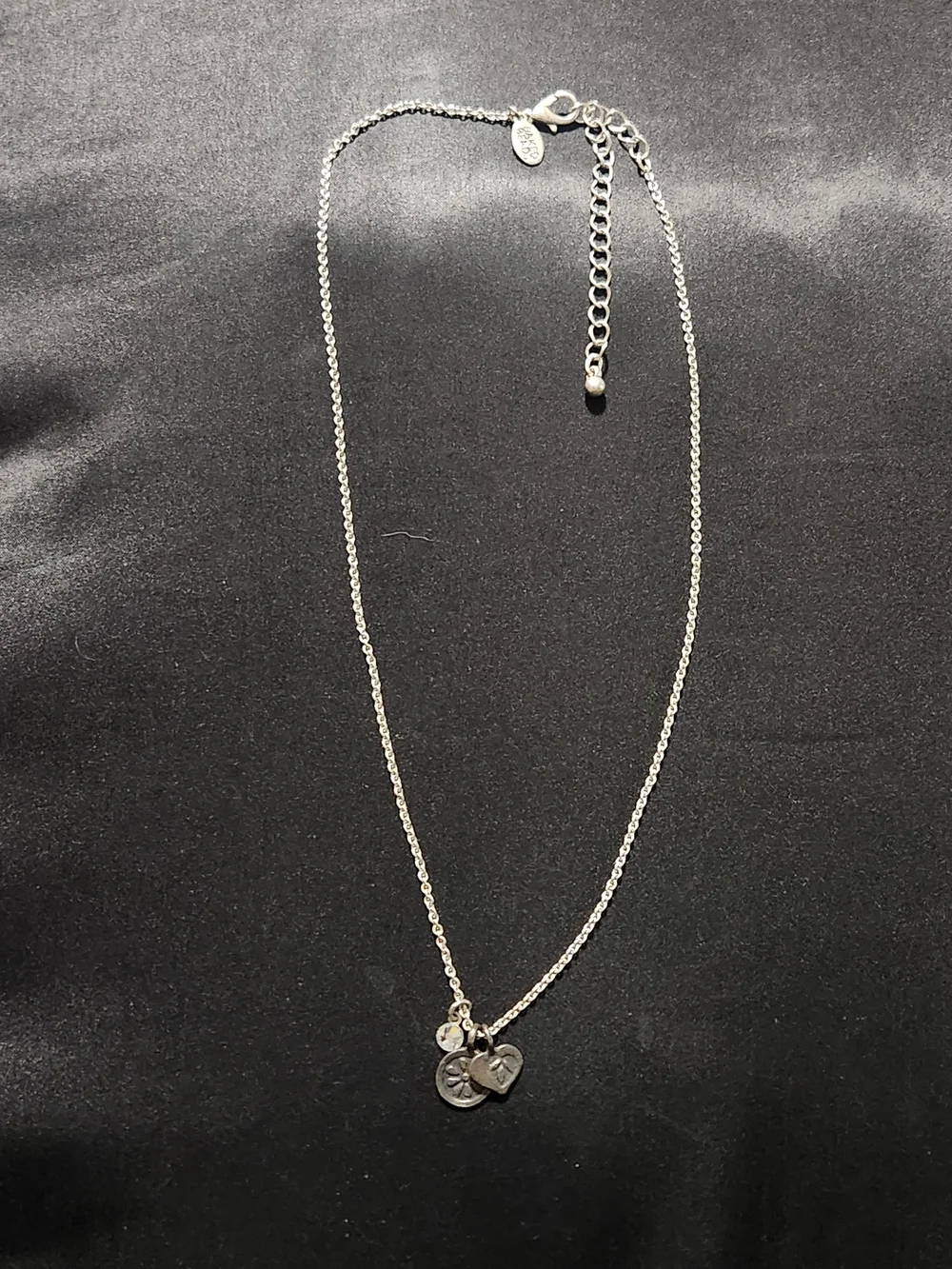 ​Baked Beads Silvertone Charm Necklace Heart Flower Crystal Accent